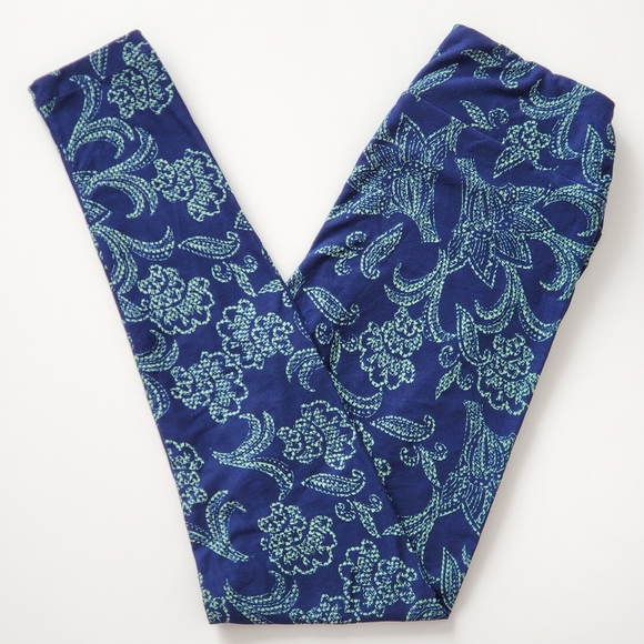 LuLaRoe Leggings One Size OS Floral Print Navy Blue NEW